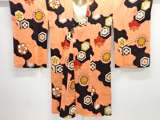 JAPANESE KIMONO / ANTIQUE MON KINSHA KIKU-KIRI PATTERN MICHIYUKI COAT